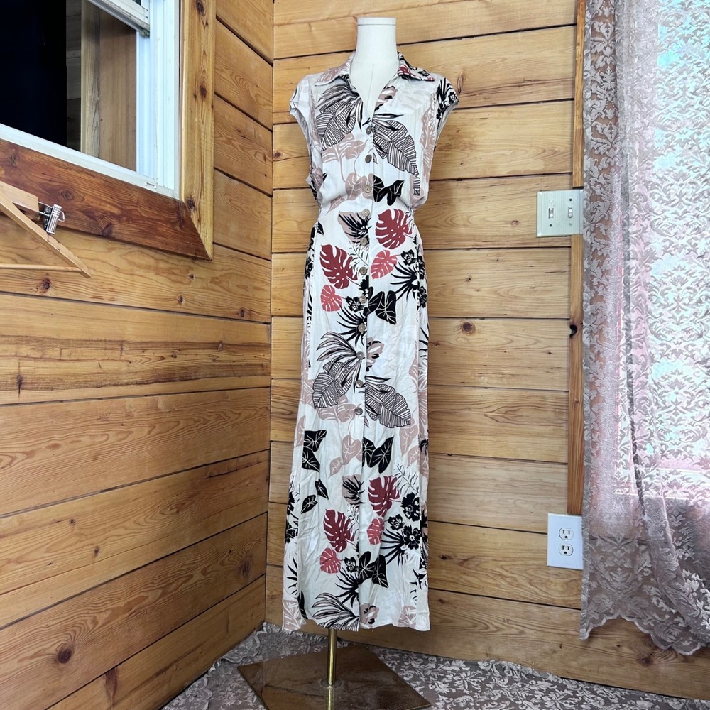 Vintage Maxi Dress Womens Size 16 XL Floral Tropical Linen Look Joseph Ribkoff